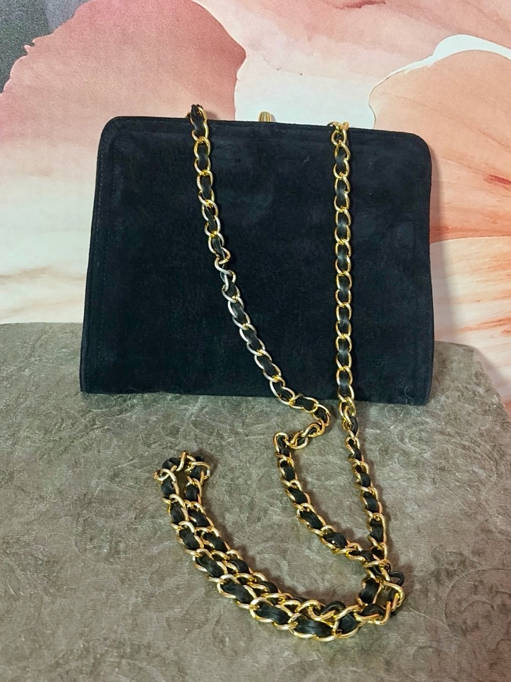 Vintage 1950s Black Velvet Evening Bag Gold Chain Clutch Purse Crossbody